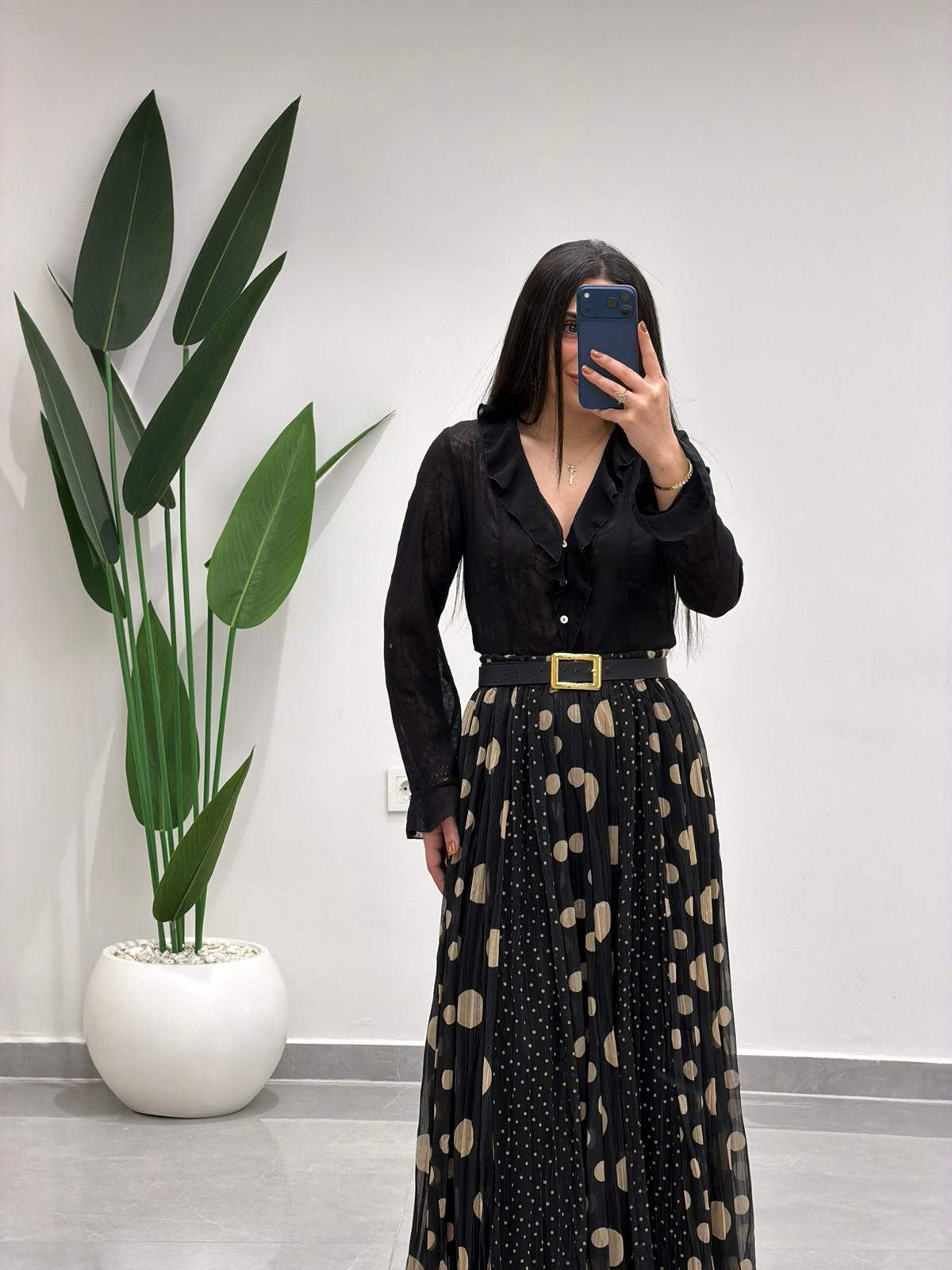 Puantiyeli Simli Şifon Etek Siyah