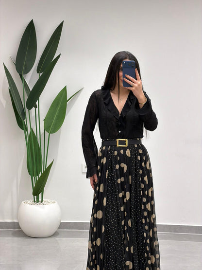 Puantiyeli Simli Şifon Etek Siyah