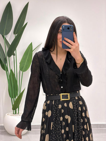 Puantiyeli Simli Şifon Etek Siyah