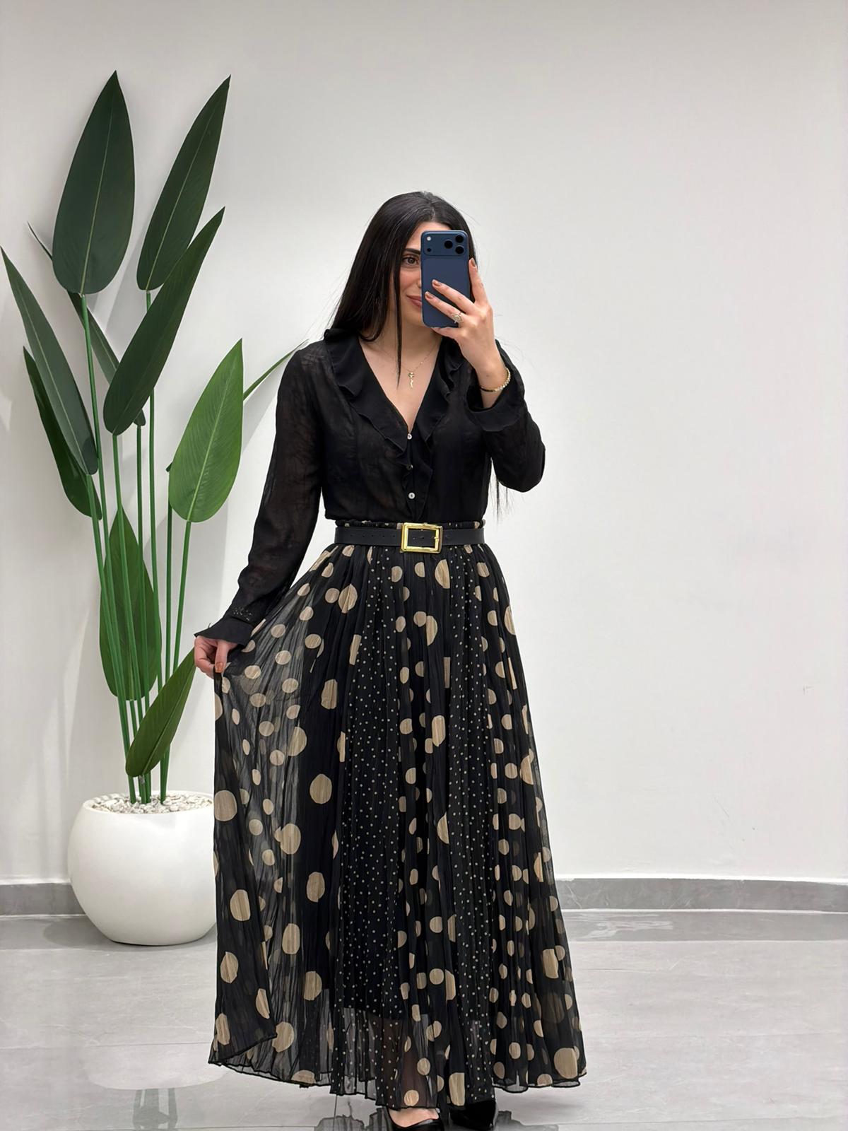 Puantiyeli Simli Şifon Etek Siyah