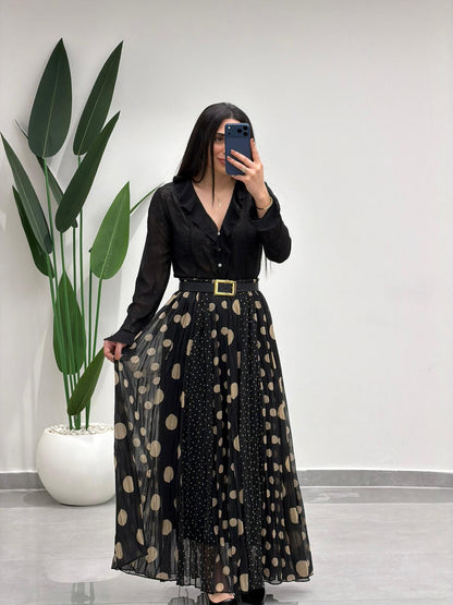 Puantiyeli Simli Şifon Etek Siyah