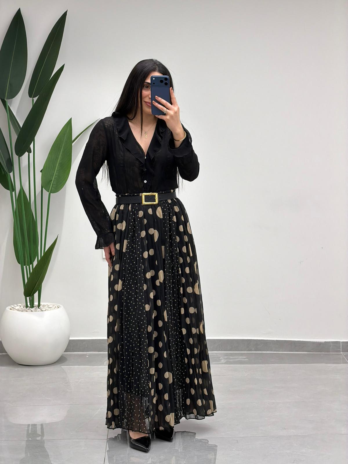 Puantiyeli Simli Şifon Etek Siyah