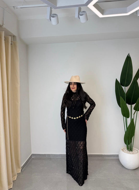 Dantelli Kemerli Uzun Kol Elbise Siyah