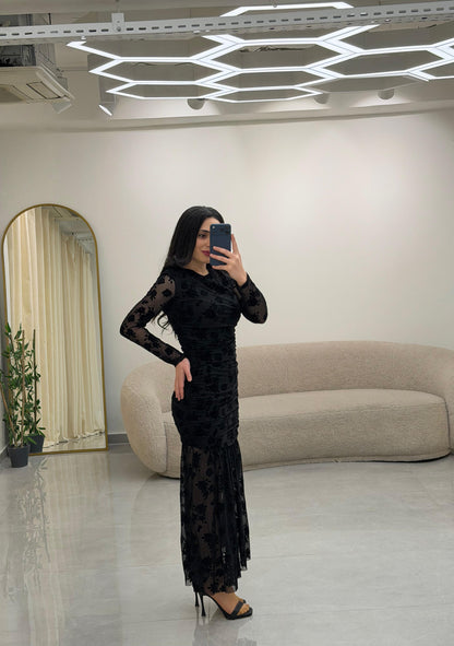 Desenli Tül Drapeli Elbise Siyah